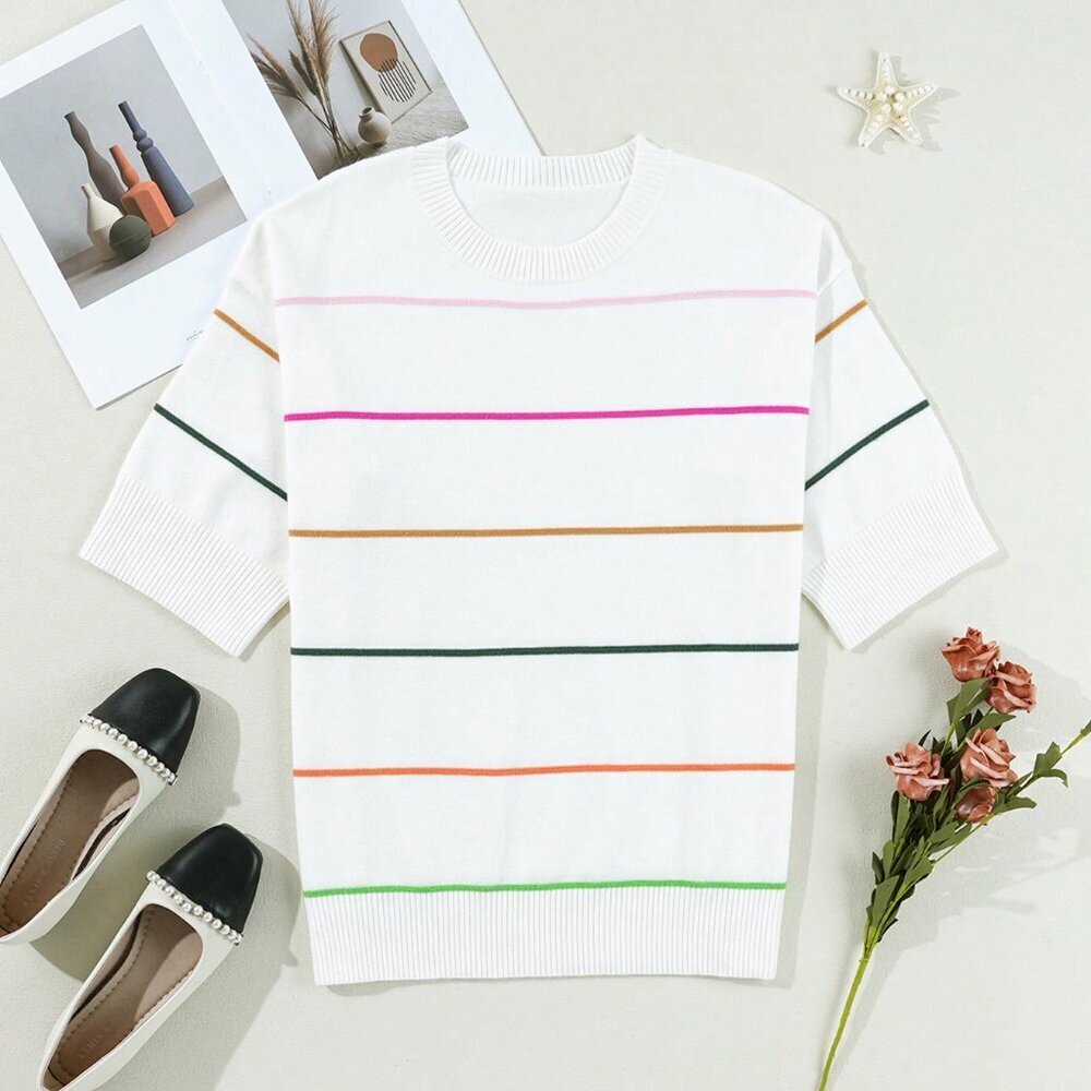 Multicolor Casual Women's Stripe Pattern Batwing 3/4 Sleeve Loose Sweater - Picture 5 of 9